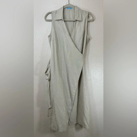 J. McLaughlin Linen Blend Natural Collared Sleeveless Wrap Dress Women’s Medium - Picture 14 of 14